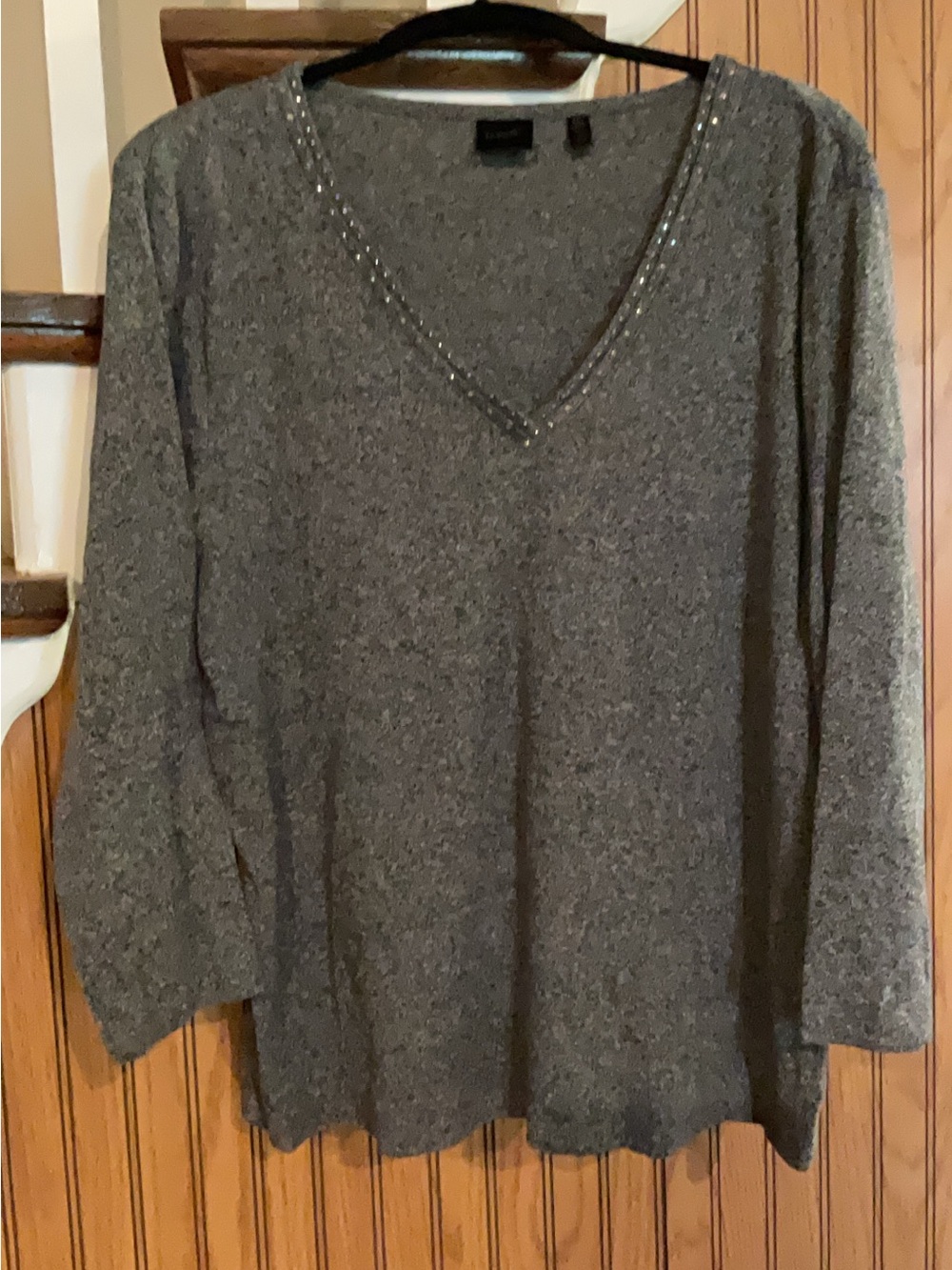 Rafaella Gray V-Neck Knit Top with Subtle Embellishment